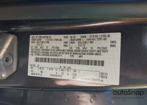 2018 Ford Escape Se z USA, uszkodzony, nr VIN 1FMCU9GD2JUD56311